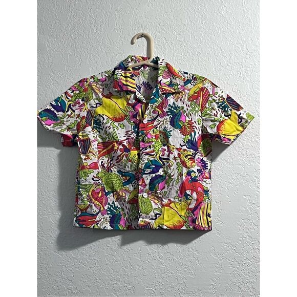Vintage Catfish Calhoun Neon Multicolor Sea Life button down shirt 8 10 boys